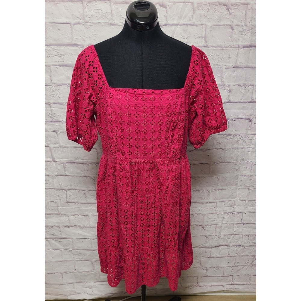 La Blanca Magenta Eyelet Cotton Mini Dress Puff Sleeve Smocked Back‎ XL NEW